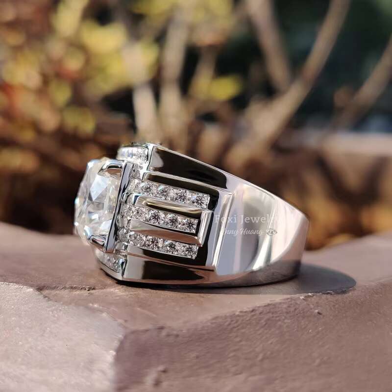 Luxury Solid 10k White Gold Mens Engagement Ring 6.26CT Round Brilliant Cut Trio Channel Set Unique Moissanite Engagement Ring
