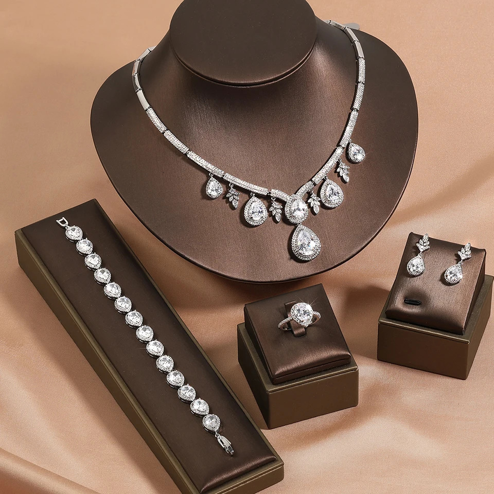 ZAKOL Cubic Zirconia Necklace Earrings Rings Set for Women Shinny Water Drop Leaf CZ Bridal Wedding Jewelry Sets 250609