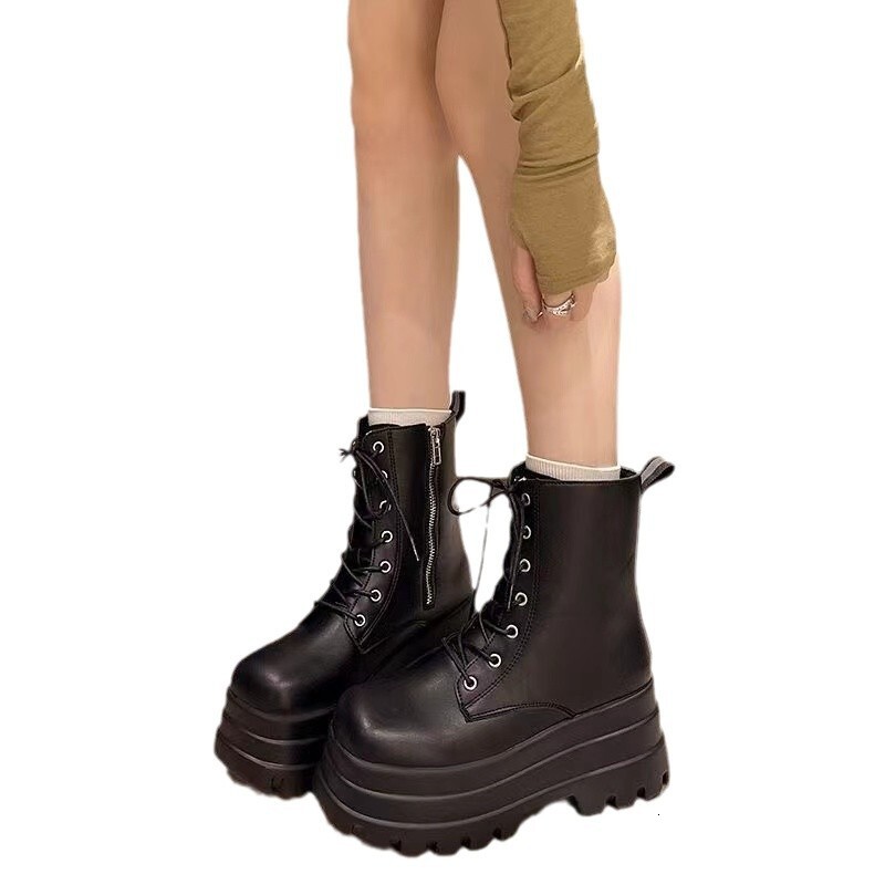 Ddmysports Trendy Girl Height Increasing Shoes New Model Slimming Thick Sole British Style Short Martin High Heel Motorcycle Boots Outdoor Shoes