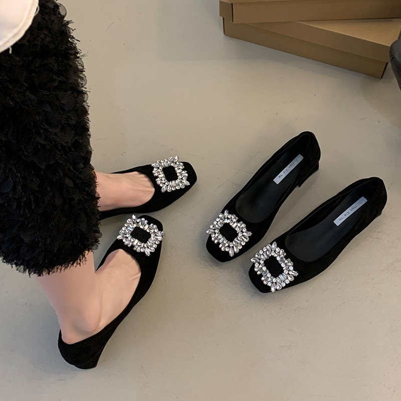 Ddmyoutdoor French Style Square Toe Women S Shoes Early Spring New Rhinestone Chunky Low Heel Slip On Shallow Mouth High Heels Outdoor Shoes