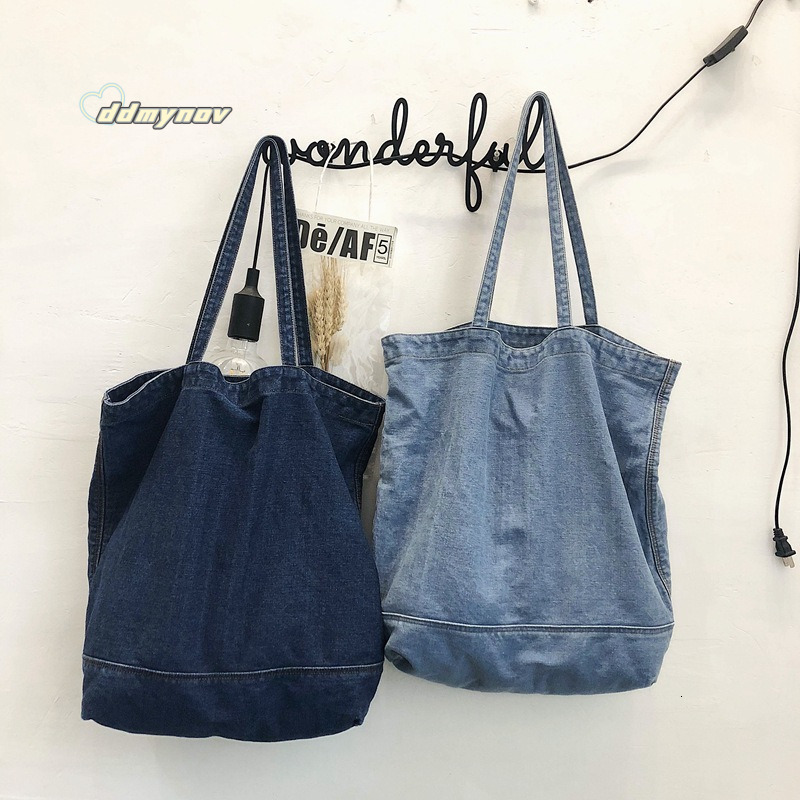 Korean Style Harajuku Denim Canvas for Women Simple Shoulder Large Capacity Solid Color Student Class Tote Bag ddmynov