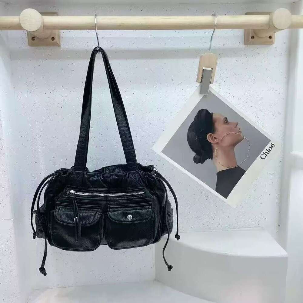 2025 New Fashion Underarm Punk Washed PU Shoulder Bag for Women Niche Design Drawstring Closure Motorcycle