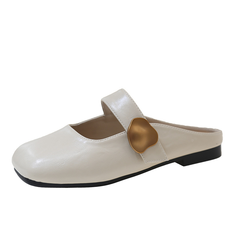 Ddmyoutdoor Soft Leather Outdoor Closed Toe For Women Spring New Versatile Flat Square Lazy Slip On Half Slippers Outdoor Shoes