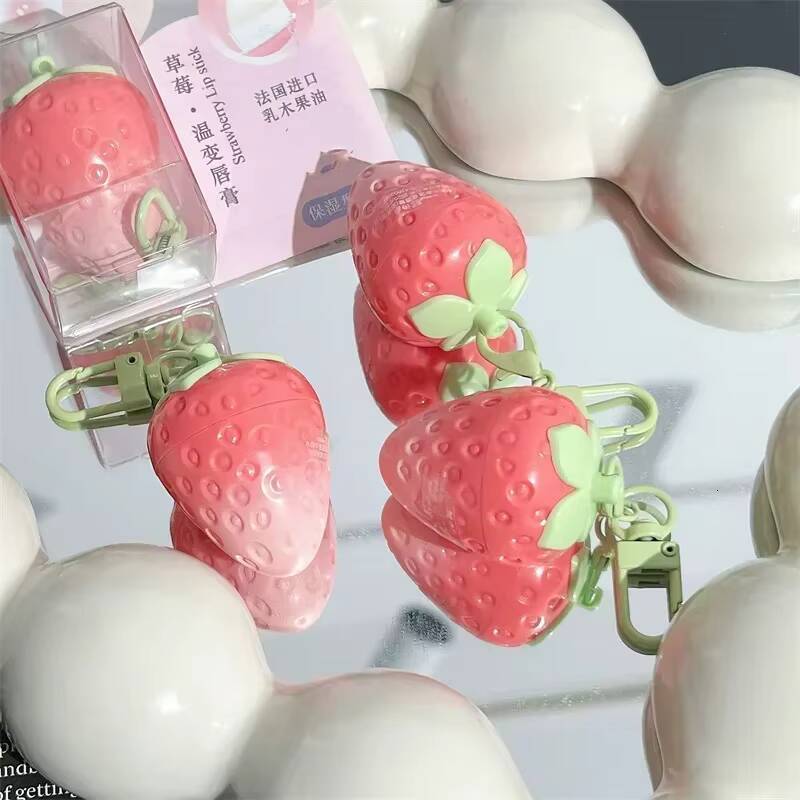 1PC Strawberry Keychain Warming Lip Balm Long Lasting Natural Pink Tint Color Changing Lipstick Fruity Lips Care Makeup happy
