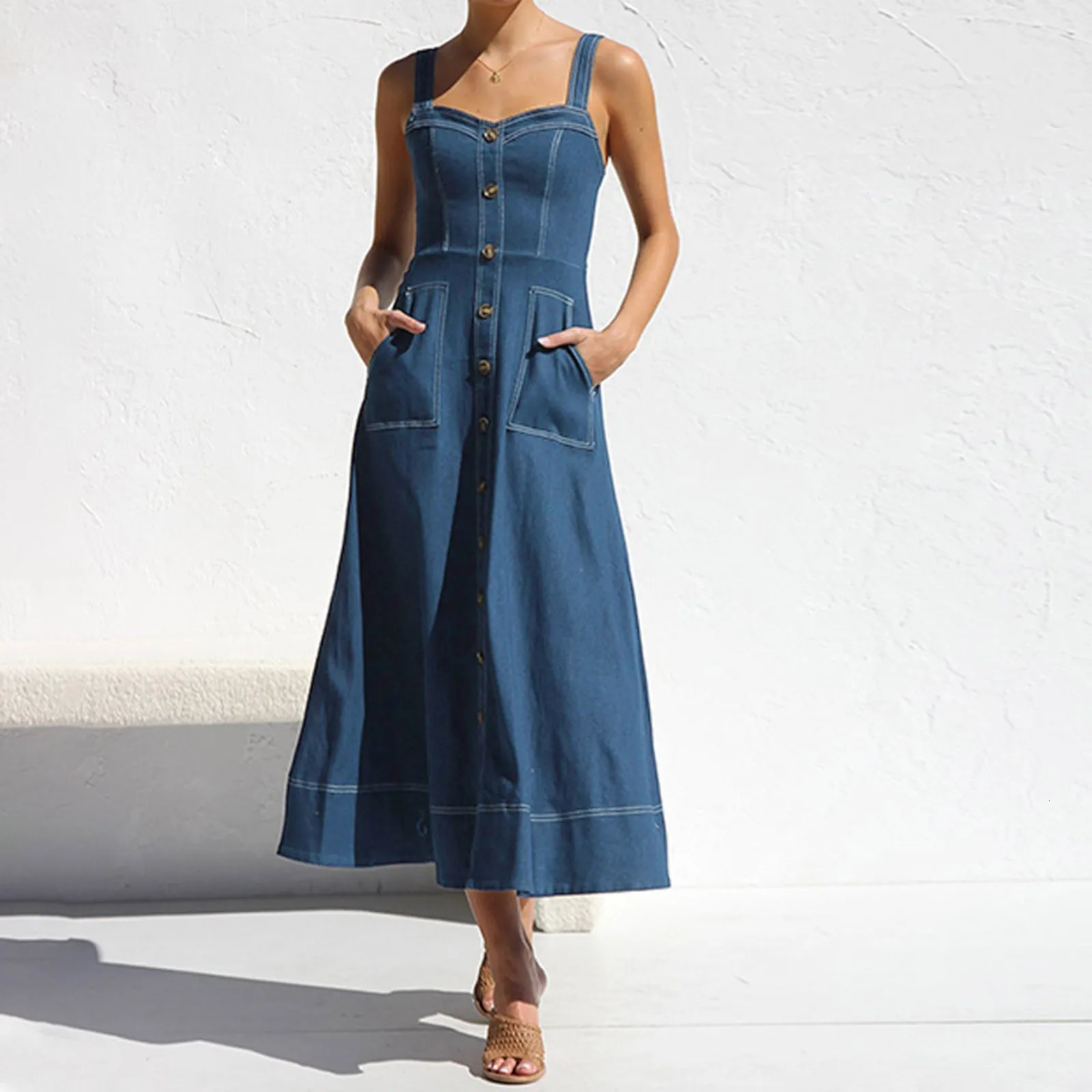 Casual Jeans Dresses For Summer Women Denim Suspender Dress Vintage Fashion Button Decoration Elegant Style Formal Party Vestido 250609