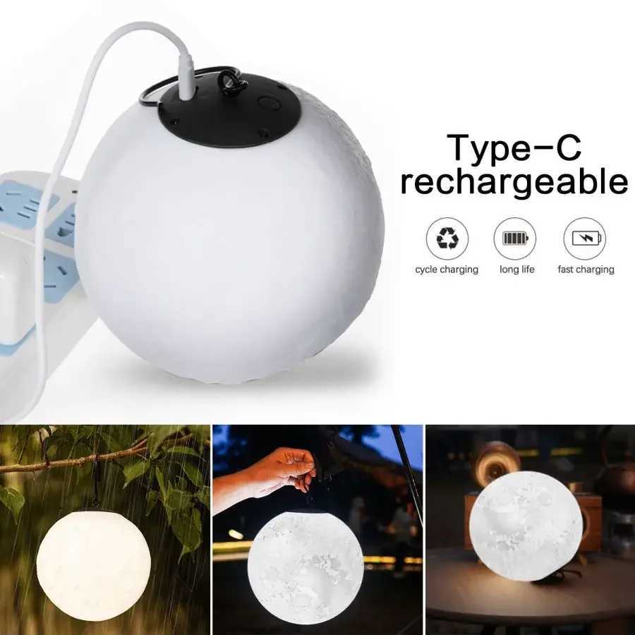 Outdoor LED Camping Lantern Waterproof Tent Lamp USB Rechargeable Portable Hanging Moon Light Garden Decor Lights W250613