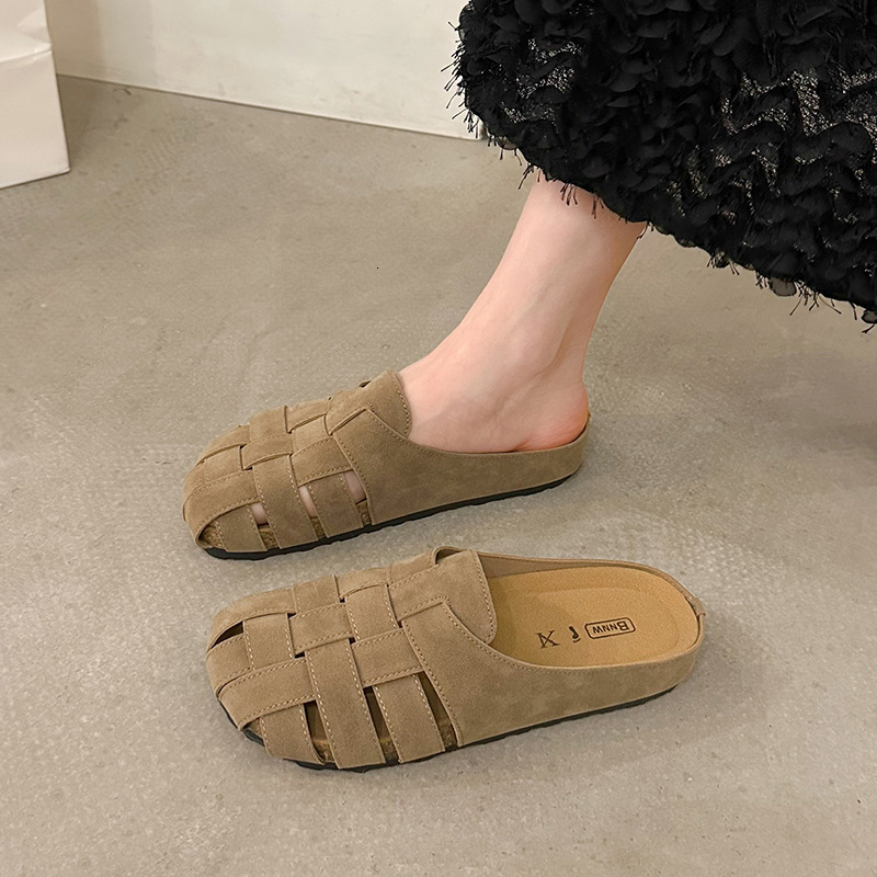 Ddmyoutdoor Ddmyoutdoor Soft Leather Closed Toe Slippers For Women Outdoor Wear Summer Flat Breathable Woven Sandals Lazy Slip On Mules Trendy Shoes O