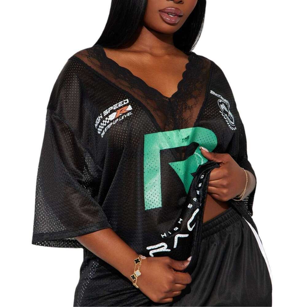 Autumn New Lace V-Neck Letter Print Casual Loose Patchwork T-Shirt Short Sleeve Women B5