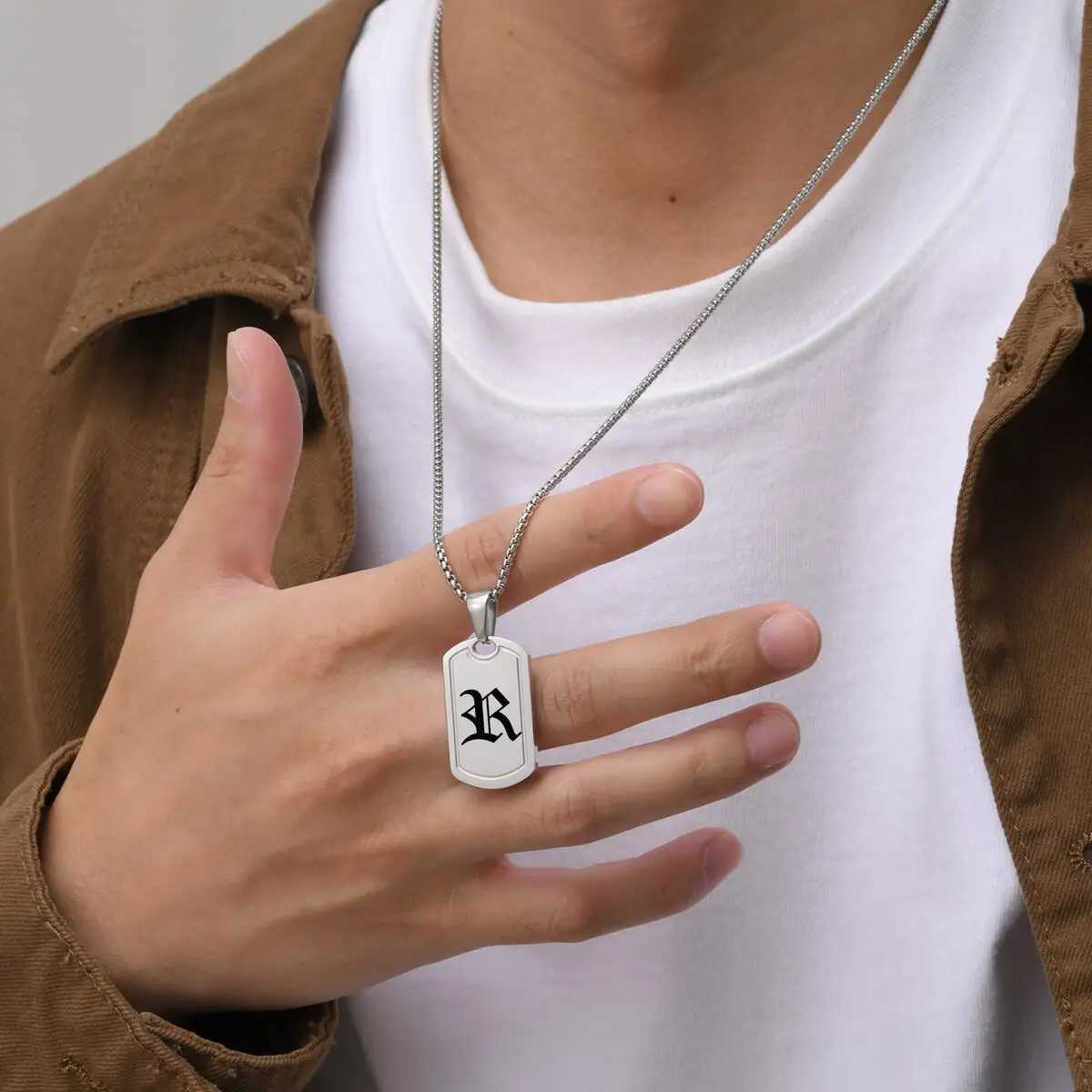 Punk Initial DogTag Necklace for Men A-Z 26 Letter Stainless Steel Pendant Necklaces Old English Number Jewelry Gifts for BBF Z250614