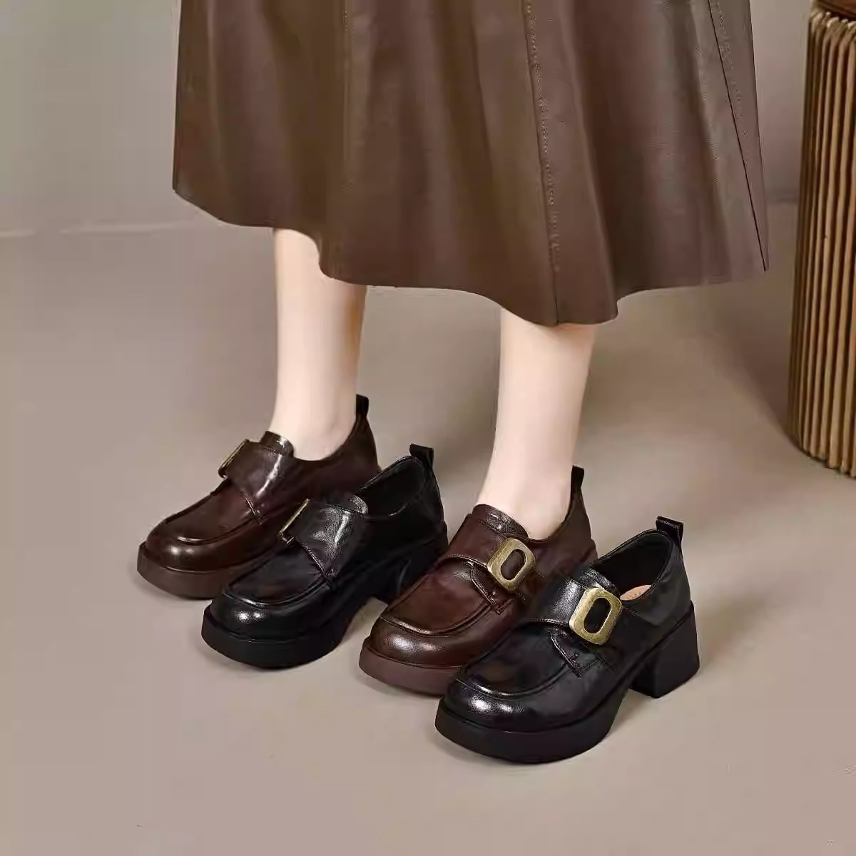 Ddmysports Maillard Women S Leather Autumn New British Style Chunky Heel Loafers French Belt Buckle Single Shoes Outdoor Shoes