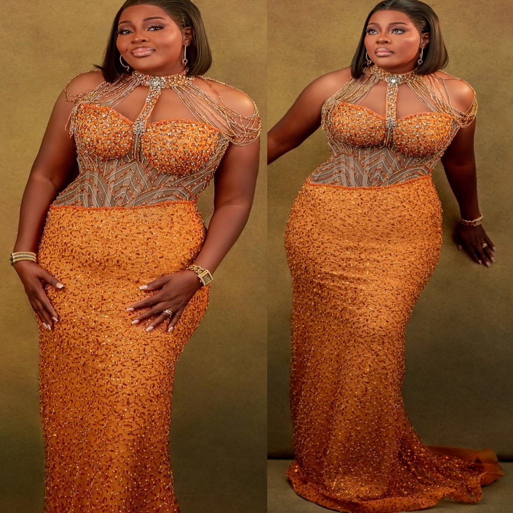 Orange Mermaid Brown Prom Dresses 2025 Beaded Crystals High Neck Evening Formal Party Second Birthday Engagement Gowns Plus Size Dress For Special Occ