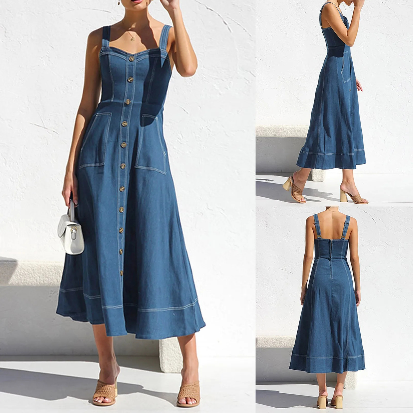 Casual Jeans Dresses For Summer Women Denim Suspender Dress Vintage Fashion Button Decoration Elegant Style Formal Party Vestido 250609