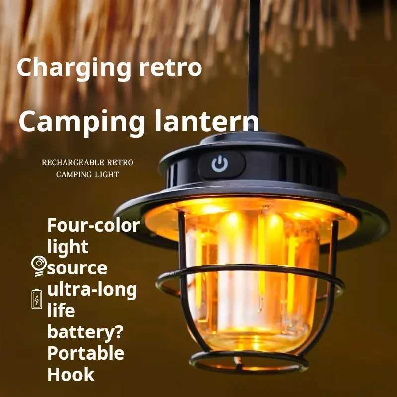Rechargeable Vintage LED Camping Lantern Portable Waterproof Stepless Dimming Hanging Light for Outdoor Tent Picnic Emergency W250613