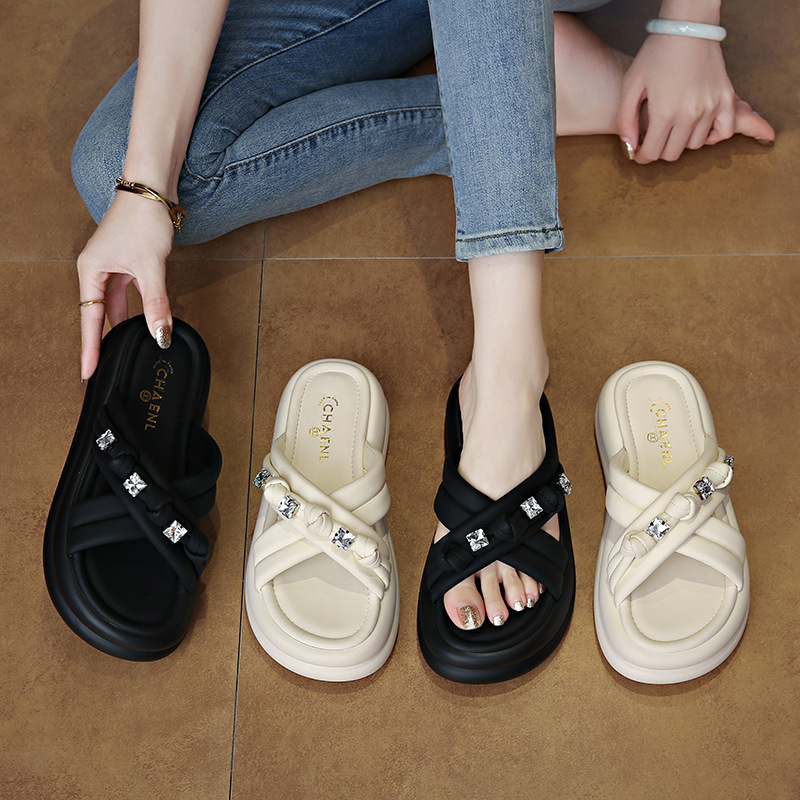 Ddmyoutdoor Fairy Style Thick Soled Sandals For Women Outdoor Summer New Fashion Beach Shoes With Rhinestones To Match Dresses One Strap Slippers Outd