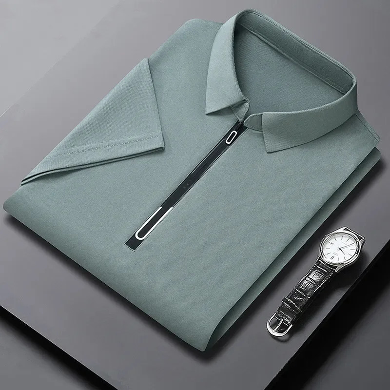 Mens Business Casual Zipper Short Sleeve Solid Color Polo Shirt Fashionable Warm Comfortable Four Seasons Versatile Top 250529