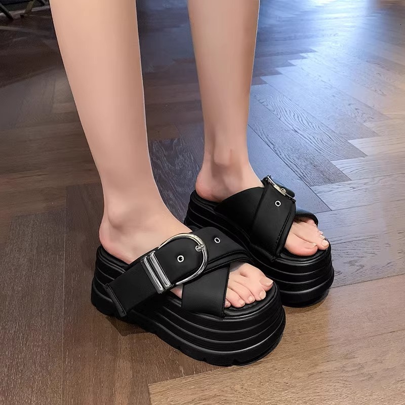 Ddmyoutdoor Summer New Platform Thick Sole Cross Buckle Strap Slippers Height Increasing Versatile Casual Office Sandals Outdoor Shoes