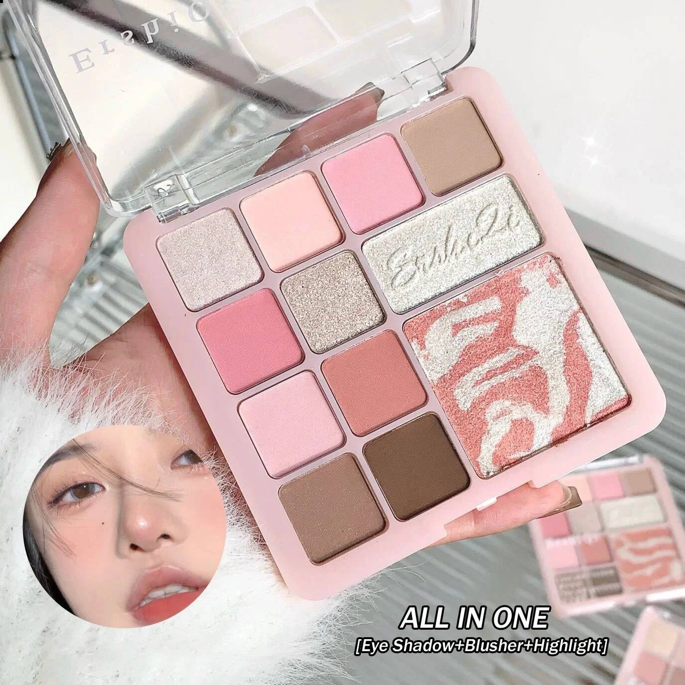All in One Palette Pearly Matte Eyeshadow 12Colors Fine Shimmer Highlight Rose Pink Blush Eye Pigment Waterproof Korean Cosmetic