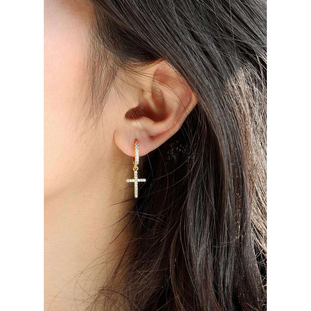 14K Plated Drop Dangle Hoop Trendy Gold Women Small CZ Hie Hoops Dangling Dia Cross Earrings for Men Hypoallergenic Lightweight