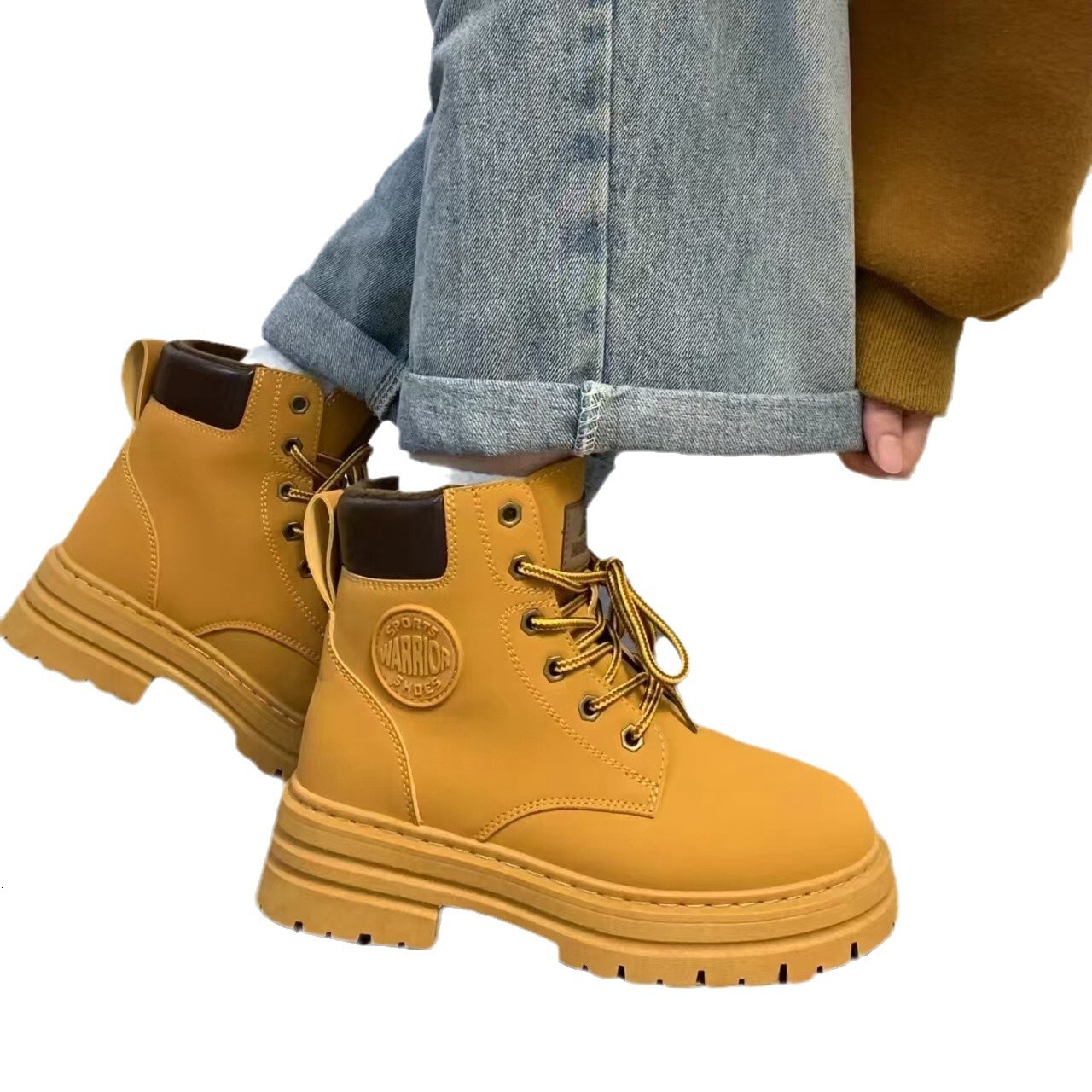 Ddmysports Trendy Yellow Martin For Women Autumn New Style Petite Thick Sole Chunky Heel Super Popular Street Short Boots Outdoor Shoes