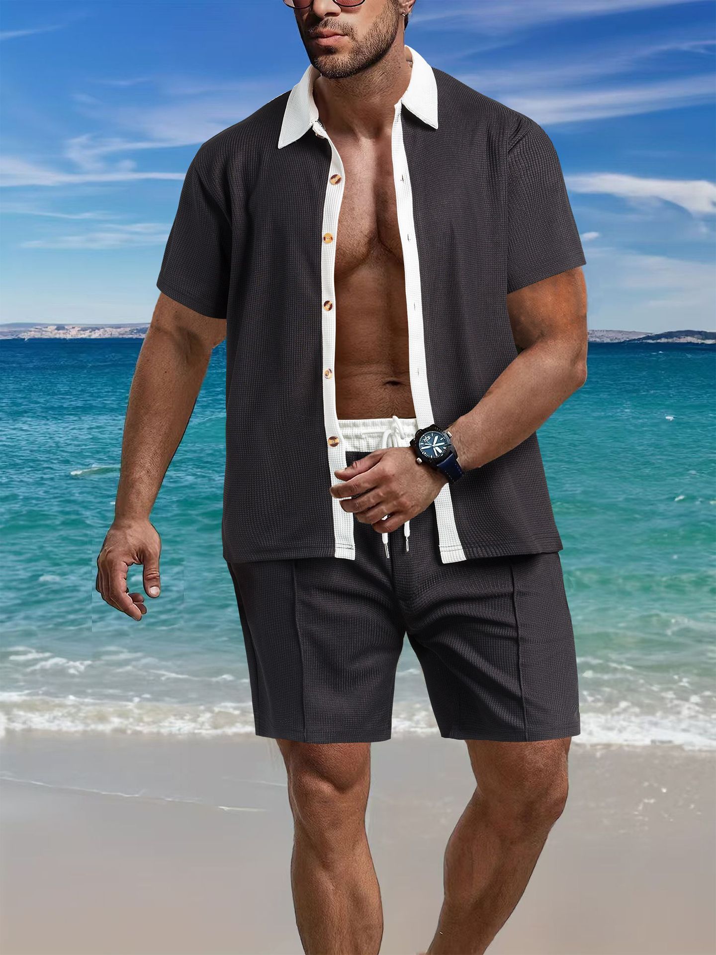 Sportswear Set Casual Sportswear two-piece set of short sleeves and shorts summer loose casual color-blocked beach shirt suit S-3xl