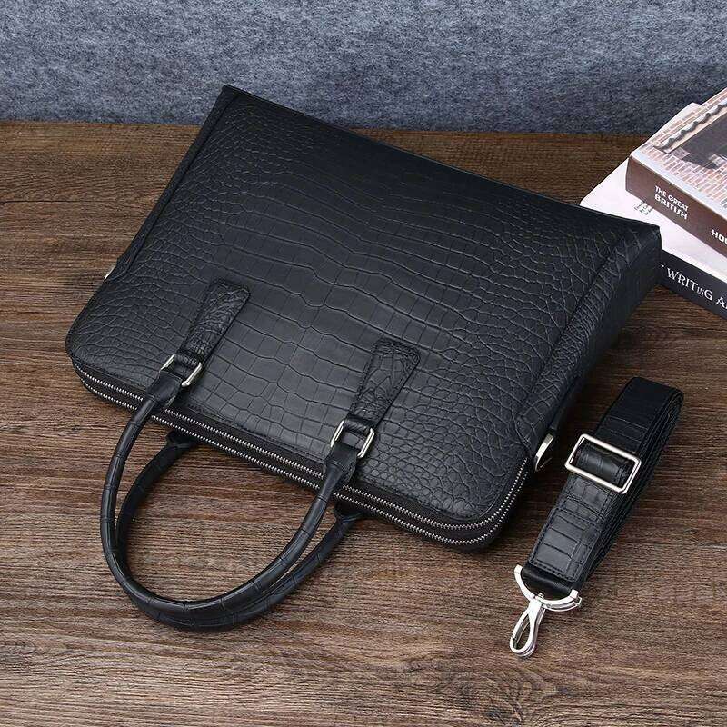 Crocodile Grain Briefcase for Men Business & Casual Use Spacious Interior Double Zipper Design Genuine Leather