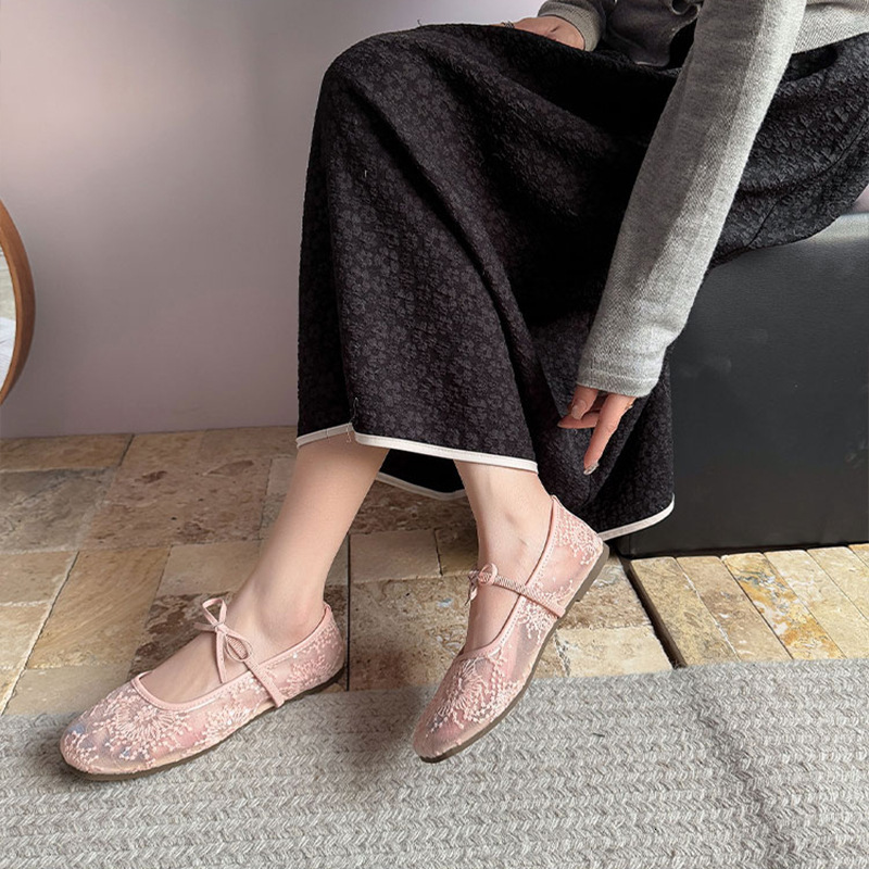 Ddmyoutdoor Gentle Evening Breeze Bowknot Ballet For Women New Fairy Hollow Mesh Lace Embroidered Single Shoes Outdoor Shoes