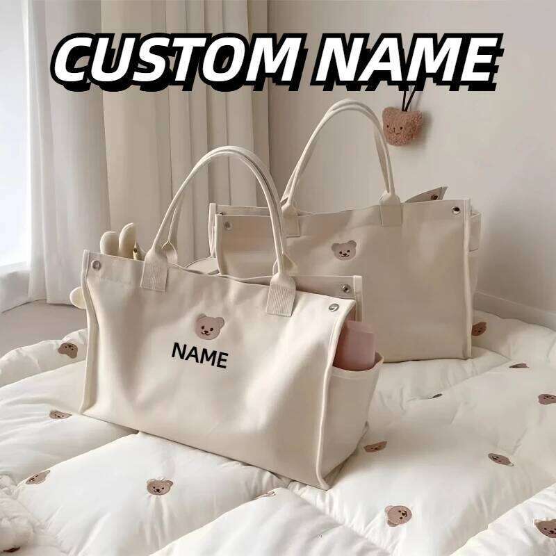 Personalized Large Capacity Canvas Mom Tote Bag Mother Baby Child Single Shoulder Pouch Custom Portable Handbag Embroidery Name