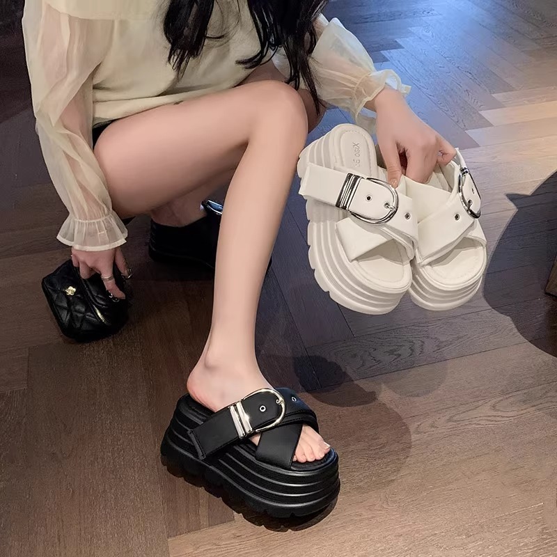 Ddmyoutdoor Summer New Platform Thick Sole Cross Buckle Strap Slippers Height Increasing Versatile Casual Office Sandals Outdoor Shoes