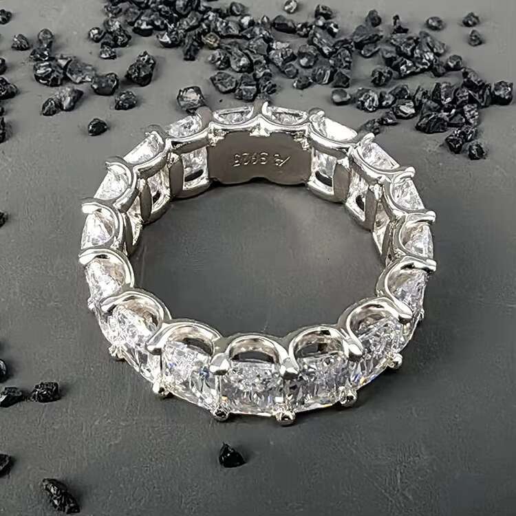 Factory Classic Fine Jewelry Rhodium Plated S925 Sterling Silver Radiant Cut Moissanite Eternity Band Ring for Women Engagement