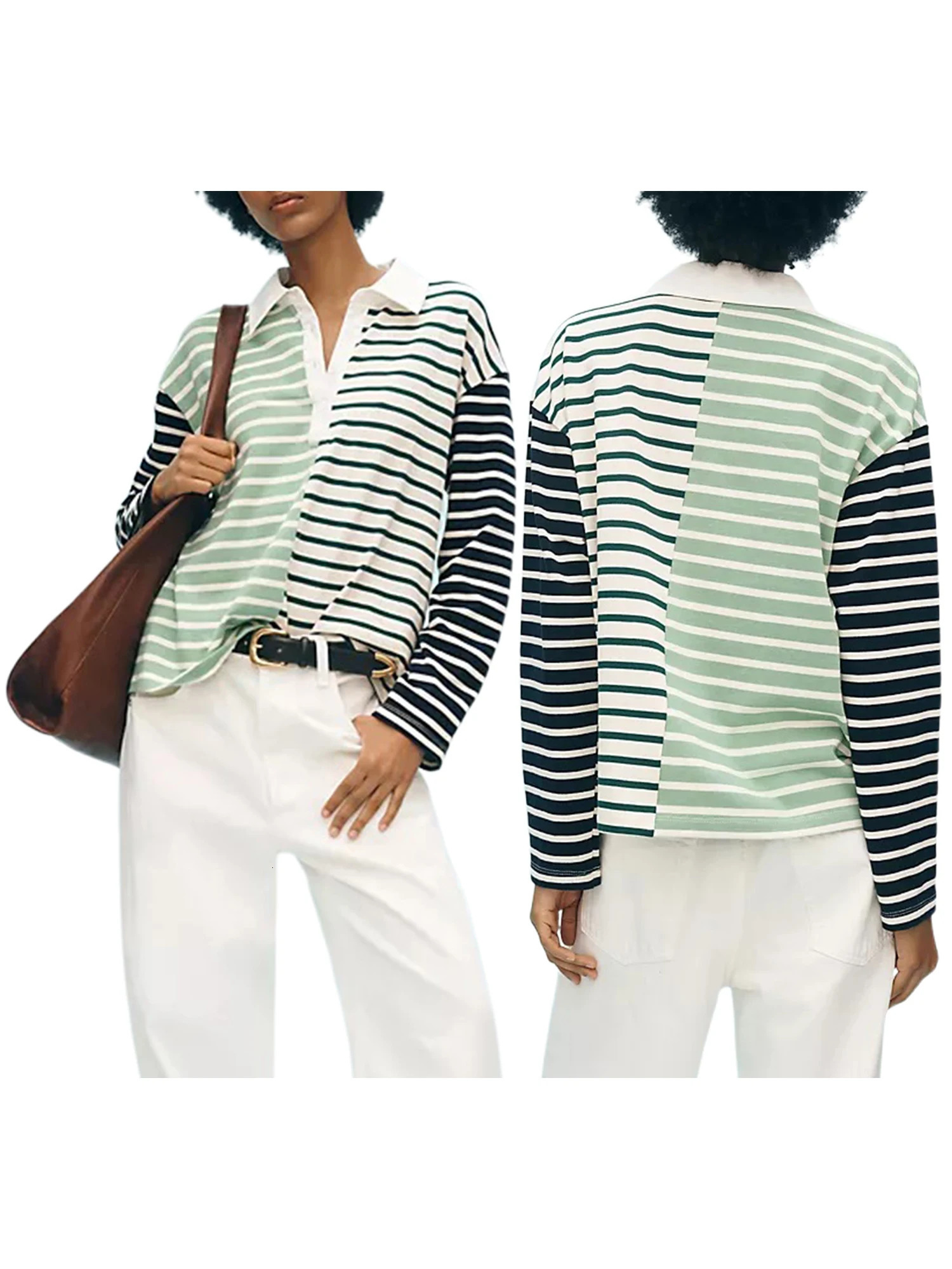 Women s Striped Blouse with Half Button Down Detail Lapel Neck and Long Sleeves - Casual Streetwear Fashion Top 250609