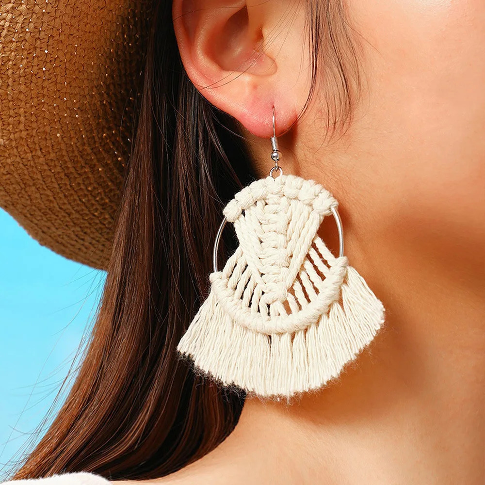 Eco-Friendly Bohemian Festival Macrame Tassel Drop Earrings 925 Sterling Silver Adjustable Tribal Statement Jewelry 250610