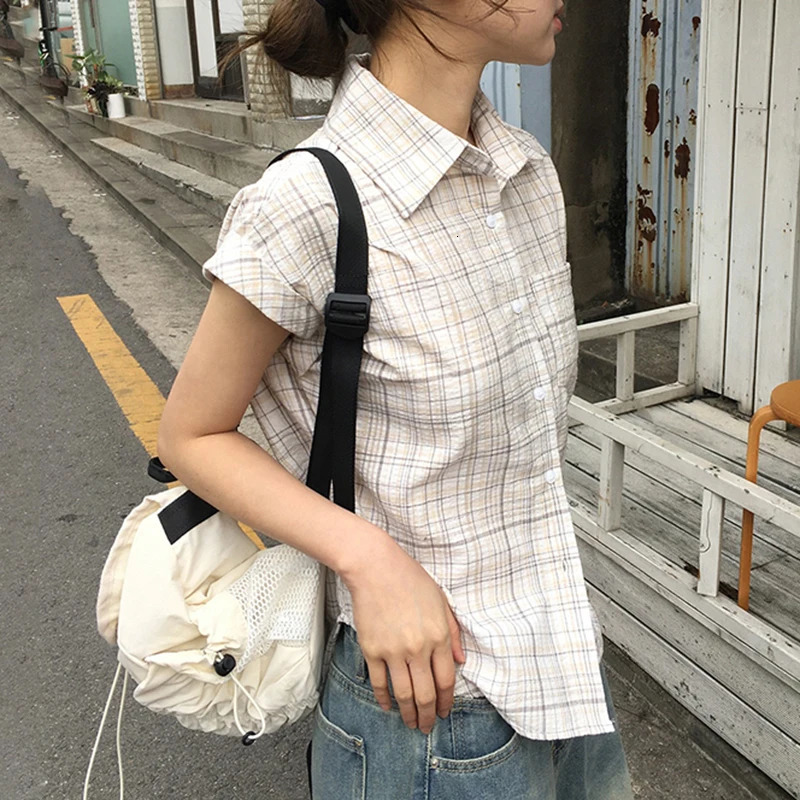 Rockmoer Korean Style Striped Plaid Slim Blouses Y2K Aesthetic Vintage Buttons Up Shirts Women Summer Casual Short Sleeve Tops 250614