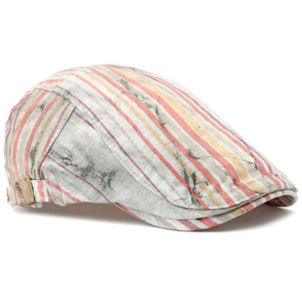 HT79 Men Women Berets Artist Painter Beret Hat Striped Spring Summer Sun Hat Male Female Ivy Flat Cap Adjustable Beret Cap 250604