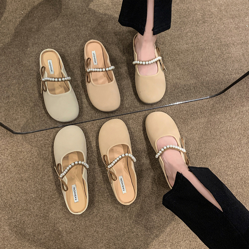 Ddmyoutdoor Baotou Half Slippers For Women Outdoor Wear Summer New French Style Pearl Bow Gentle Flat Lazy Sandals Outdoor Shoes