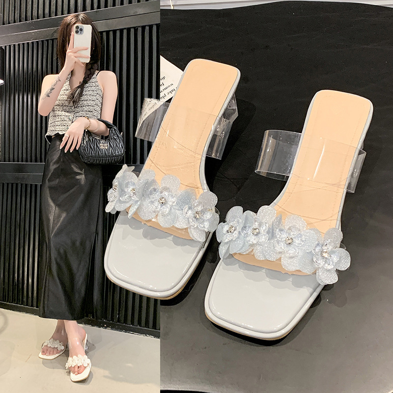 Ddmyoutdoor Summer New Ins Trendy Internet Celebrity Fashion One Strap Transparent Sandals Women High Heels Crystal Chunky Heel Slippers Outdoor Shoes