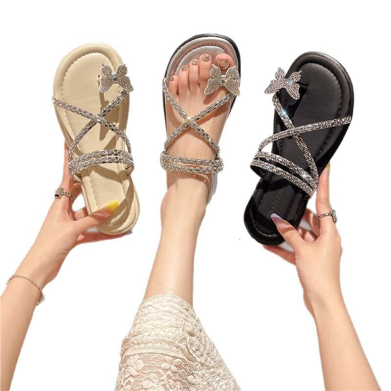 Ddmyoutdoor Ddmyoutdoor French Style Rhinestone Fairy Slippers For Women Summer Outdoor Flat New Toe Clip Perfect With Dress Beach Sandals Shoes Outdo