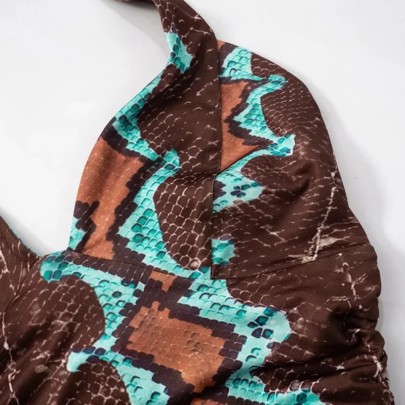 Serpentine Print Women Sexy Vneck Lace Up Halter Backless Pleated Tank Crop Tops Spring Y2K Streetwear Vests Club Tees 250611