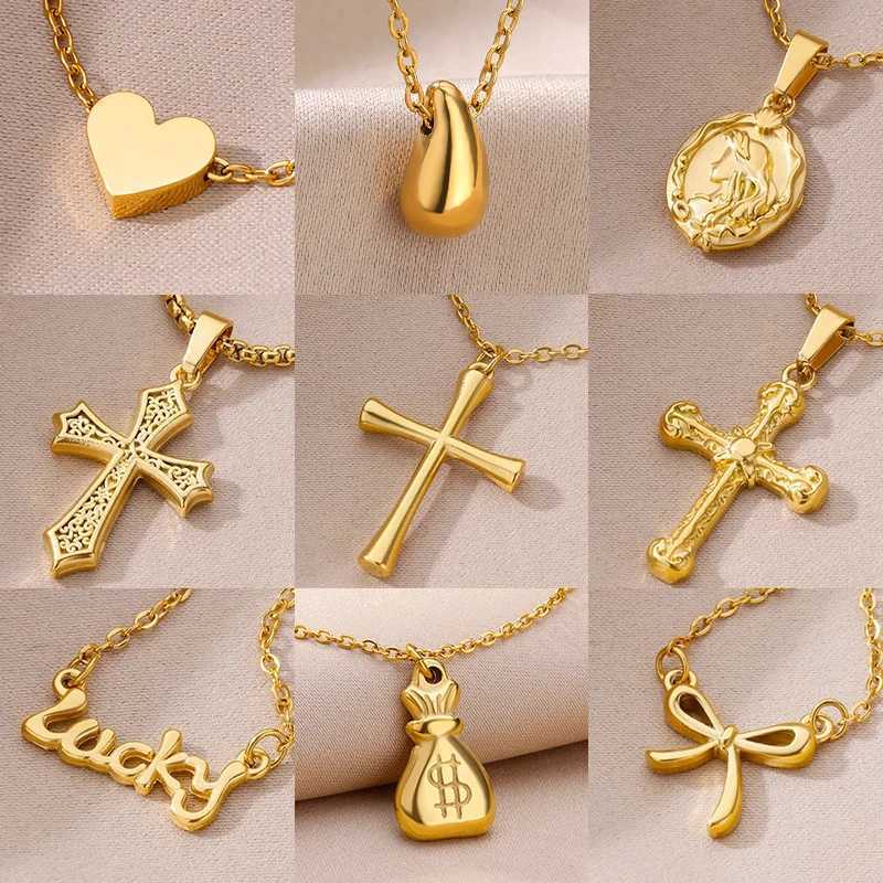 Stainless Steel Cross Necklace for Women Gold Color Cross Pendant Necklace Christian Bless Lucky Jewelry Birthday Gift Z250614