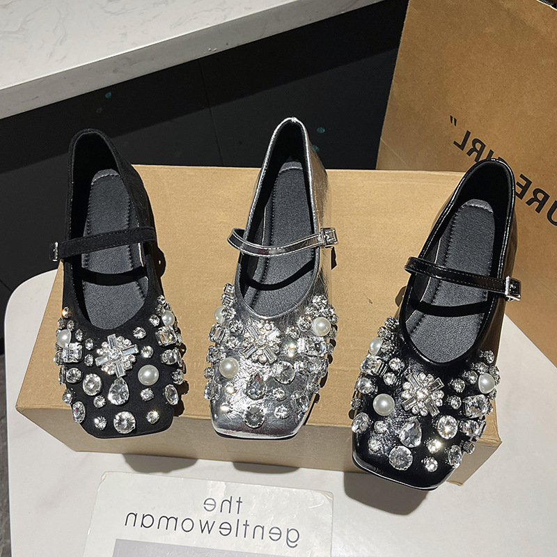 Ddmyoutdoor Ddmyoutdoor French Fairy Style Silver Rhinestone Mary Jane Spring New Square Toe Flat To Match Skirts Single Shoes For Women Outdoor Outdo
