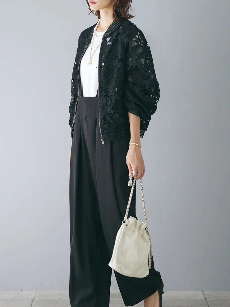 Hollow Out Lace Coat Women Ropa Mujer Long Sleeve Loose Korean Summer Y2k Tops Zipper Stand Neck Casual All Match Jackets 250611