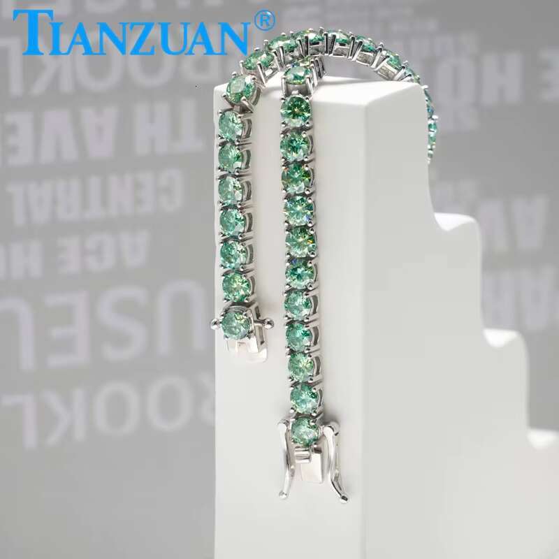 925 Sterling Silver Hip Hop Iced Out Green Round Brillant Moissanite Tennis Chain Bracelet Synthetic Diamond Jewelry