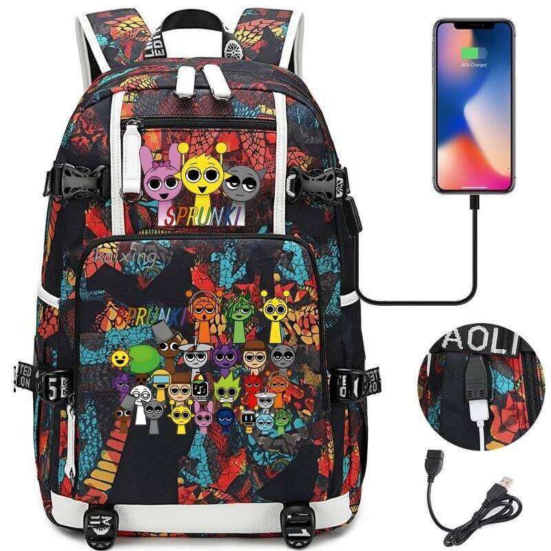 Hot New Sprunki School Bags Teenager USB Charging Laptop Backpack Teens Boys Girls Student Book Mochila Travel Bag Best Gift