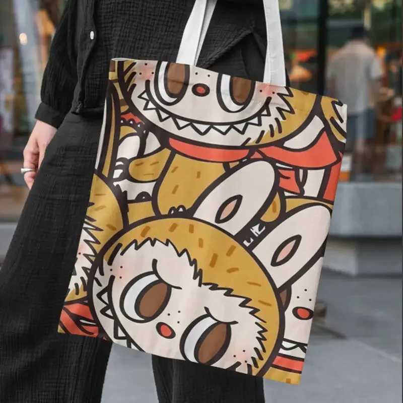 Kawaii Labubu Tote Anime Handbag Student Portable Canvas Makeup Shopping Storage Bag Travel High-Capacity Girls Birthday Gifts Z250614