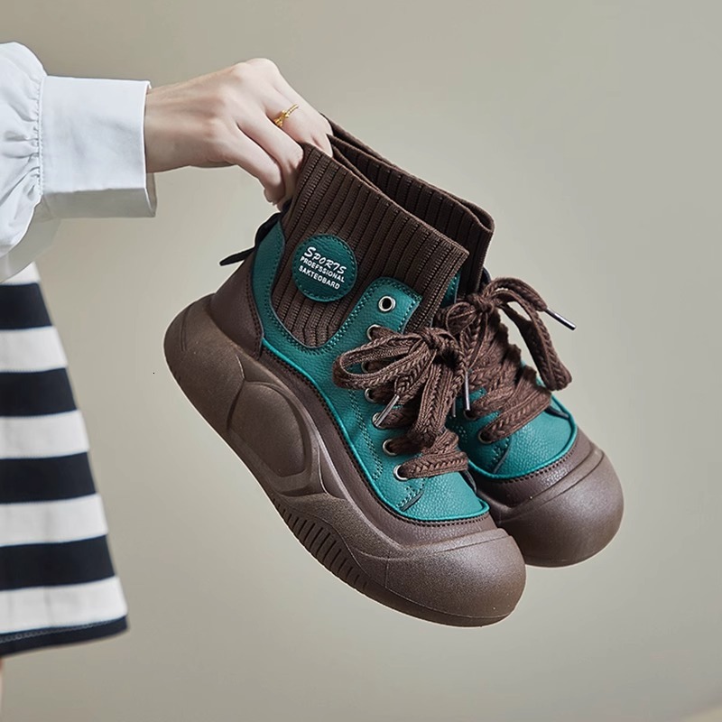 Ddmysports New Color Block High Top Martin Sock For Women Leather Soft Thick Sole Height Increasing Fashion Boots Outdoor Shoes