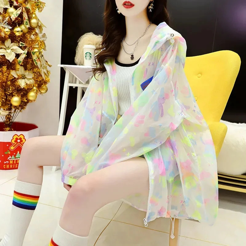 Medium Long Hoodie Sunscreen Clothing Summer SunProof Shirt UVProof Coat Womens n Printing 250611