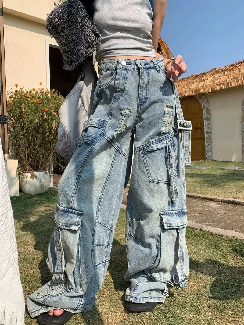 American Fashion Vintage Washing Heavy Industry Multipocket Tooling Jeans Female Y2K Street Baggy Drop Pants Tide 250612