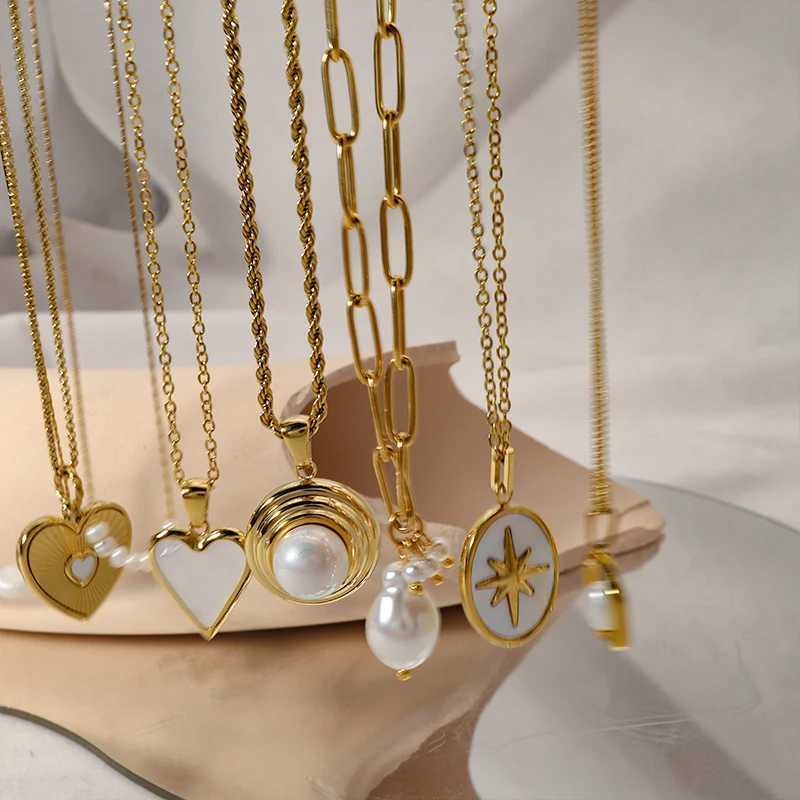 WILD FREE Trendy Stainless Steel Pearl Pendant Necklaces for Women Heart Star Simple Charm PVD Gold Plated Jewelry Z250614