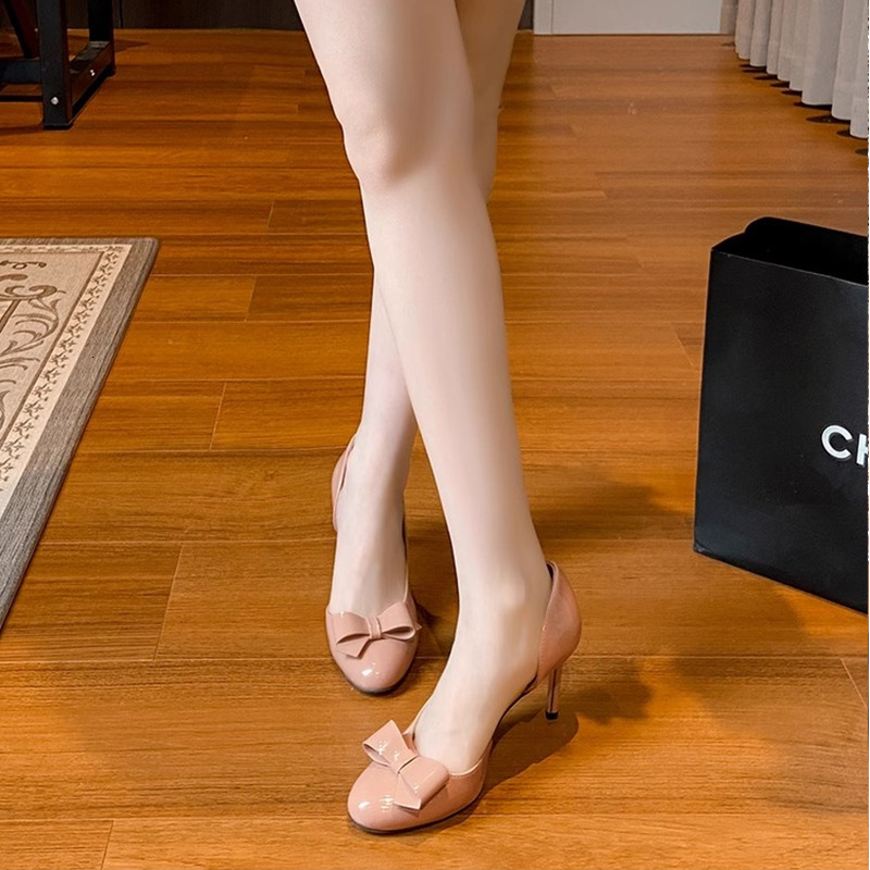 Ddmyoutdoor Ddmyoutdoor High Heels Summer New Thin Heel Professional Pink Elegant Bow Patent Leather Shallow Mouth Single Shoes For Women Outdoor Outd