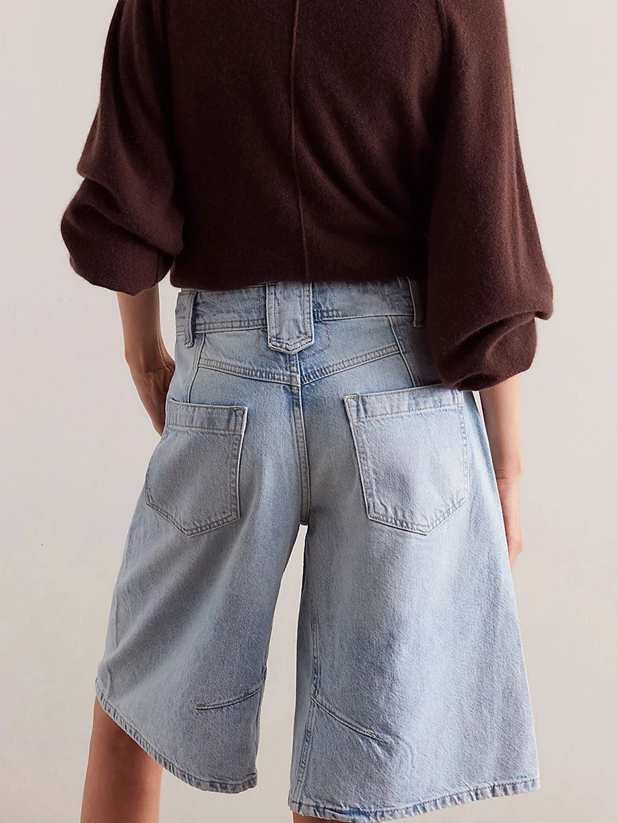 Womens Knee Length Denim Shorts Solid Color Low Waist Wide Leg Jean Shorts For Summer Club Street Style S-2XL 250613