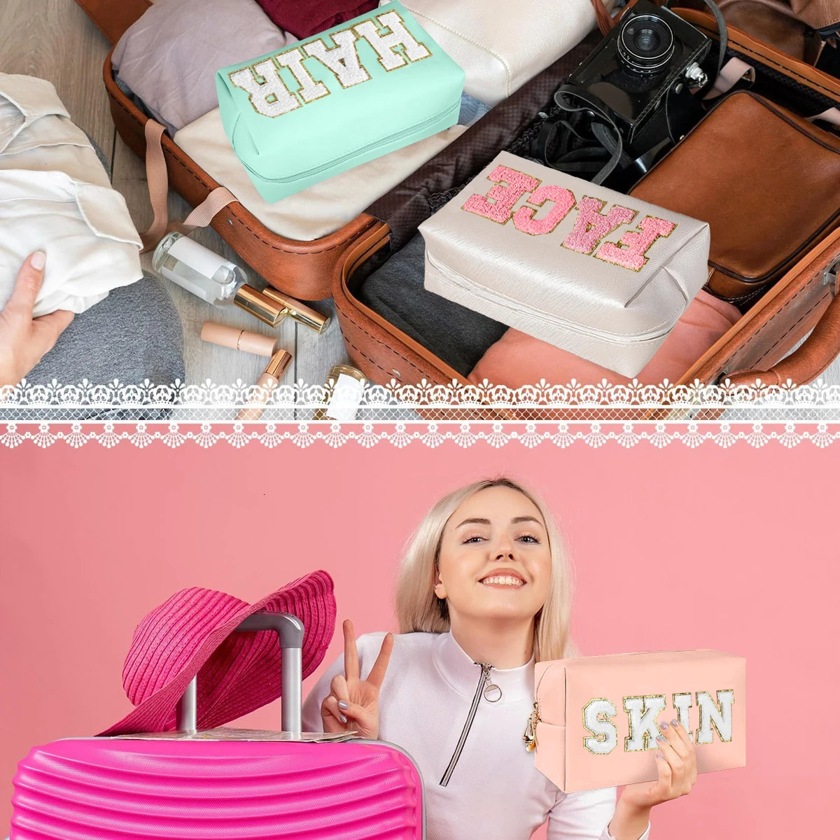 Chenille Letter Cosmetic Bag PU Leather Waterproof Pouch Cute Zipper Organizer Skin Hair and Facezmt 250614